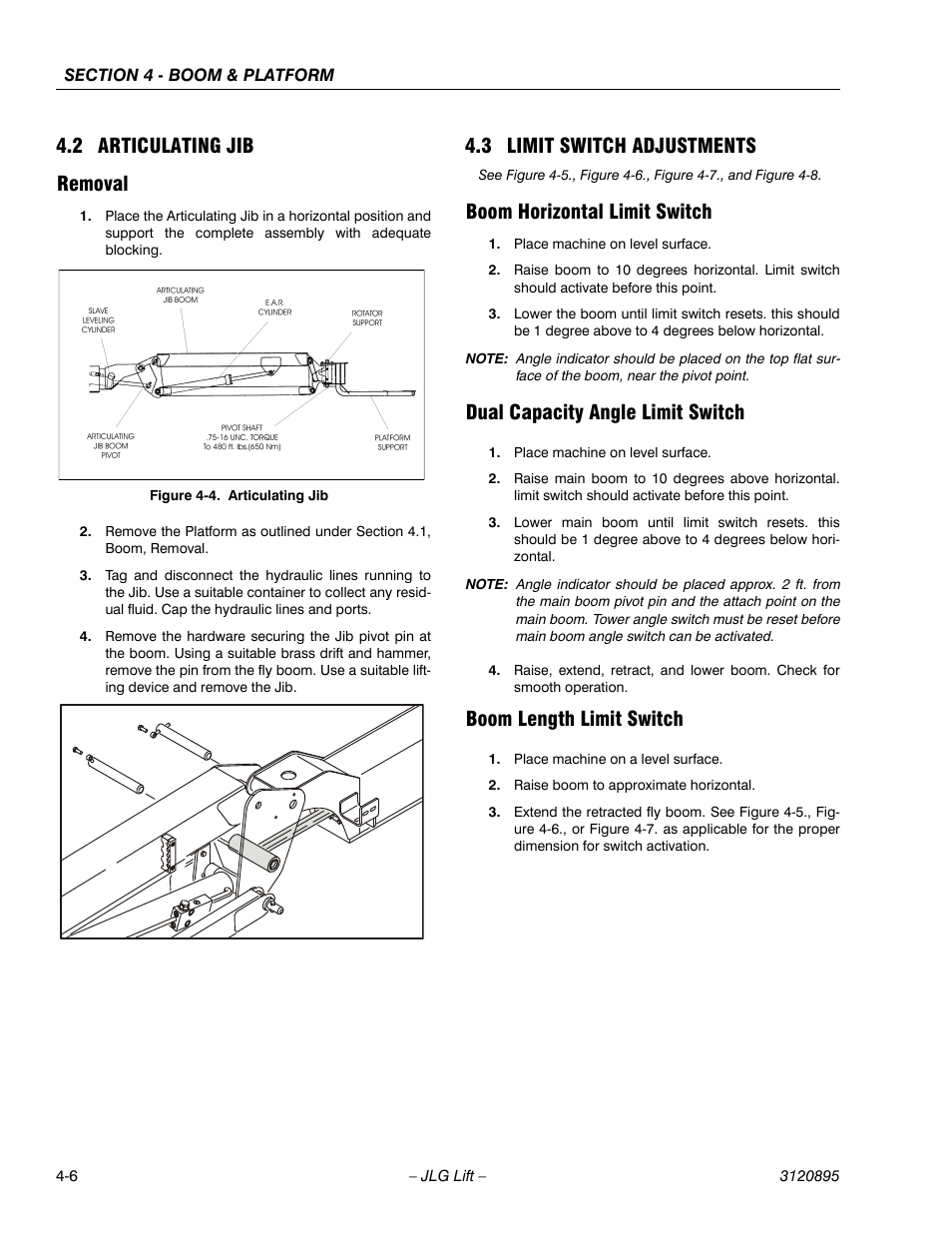 2 articulating jib, Removal, 3 limit switch adjustments | Boom horizontal limit switch, Dual capacity angle limit switch, Boom length limit switch, Articulating jib -6, Removal -6, Limit switch adjustments -6, 2 articulating jib removal | JLG 460SJ Service Manual User Manual | Page 270 / 462