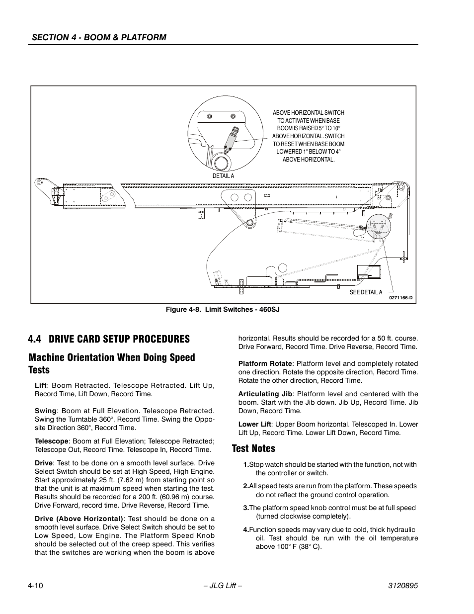 4 drive card setup procedures, Machine orientation when doing speed tests, Test notes | Drive card setup procedures -10, Limit switches - 460sj -10, Igure 4-8 | JLG 460SJ Service Manual User Manual | Page 274 / 462