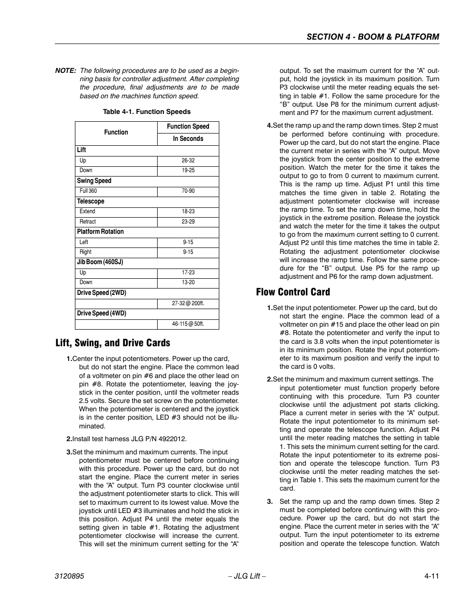 Lift, swing, and drive cards, Flow control card, Function speeds -11 | JLG 460SJ Service Manual User Manual | Page 275 / 462