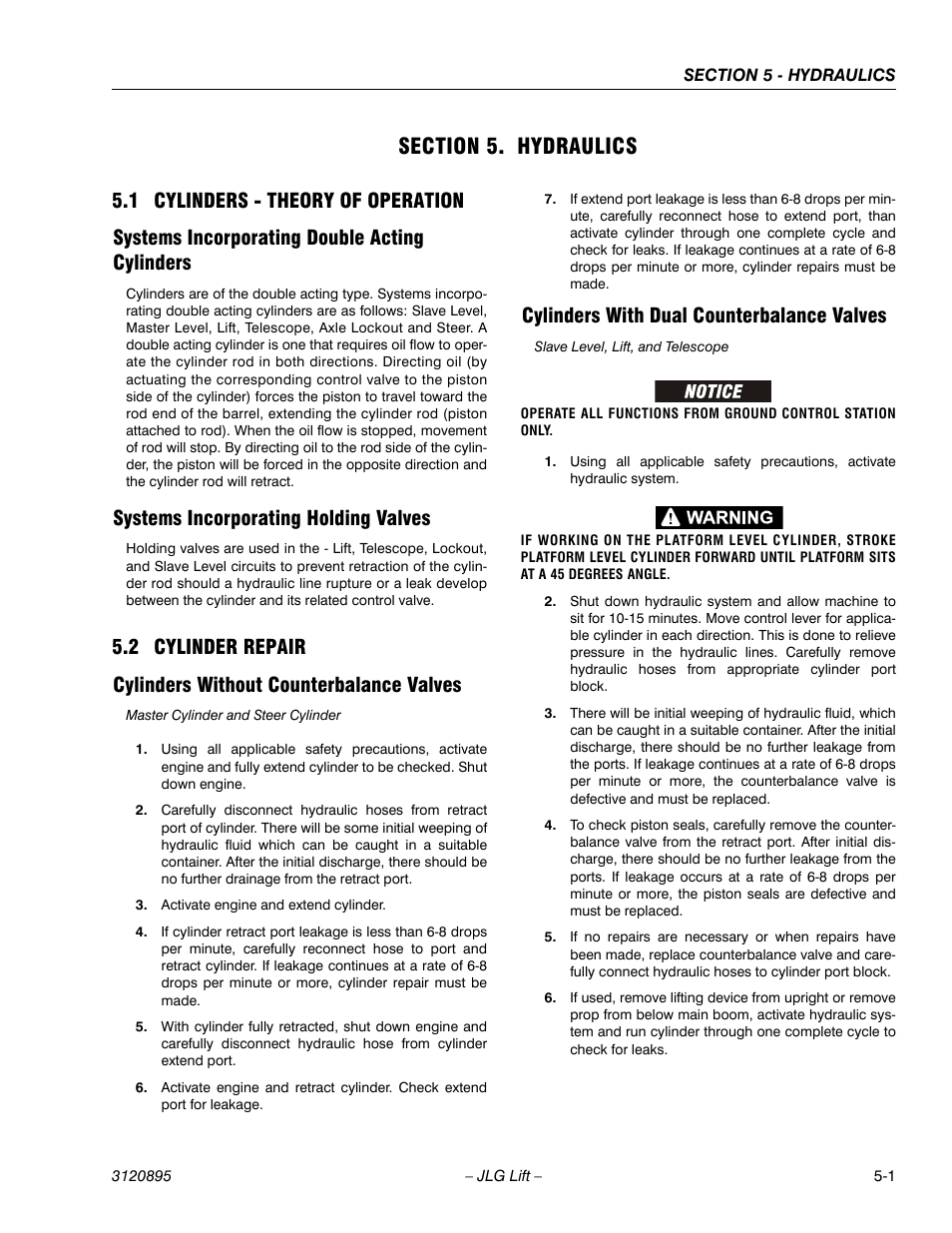 Section 5. hydraulics, 1 cylinders - theory of operation, Systems incorporating double acting cylinders | Systems incorporating holding valves, 2 cylinder repair, Cylinders without counterbalance valves, Cylinders with dual counterbalance valves, Section 5 - hydraulics, Cylinders - theory of operation -1, Cylinder repair -1 | JLG 460SJ Service Manual User Manual | Page 289 / 462