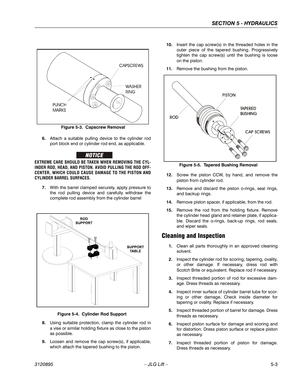 Cleaning and inspection, Cleaning and inspection -3, Capscrew removal -3 | Cylinder rod support -3, Tapered bushing removal -3 | JLG 460SJ Service Manual User Manual | Page 291 / 462
