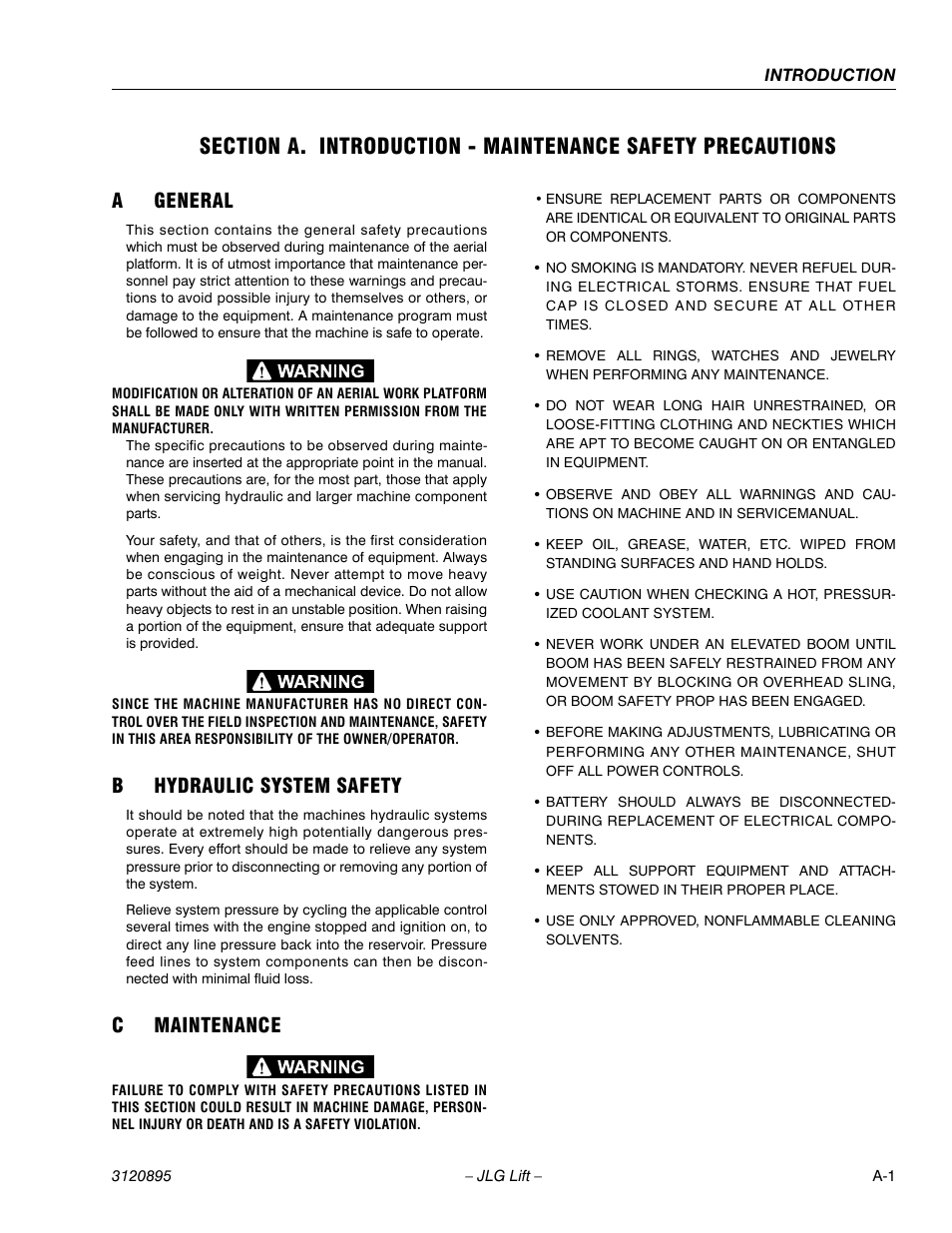 A general, B hydraulic system safety, C maintenance | Ageneral, Bhydraulic system safety, Cmaintenance | JLG 460SJ Service Manual User Manual | Page 3 / 462