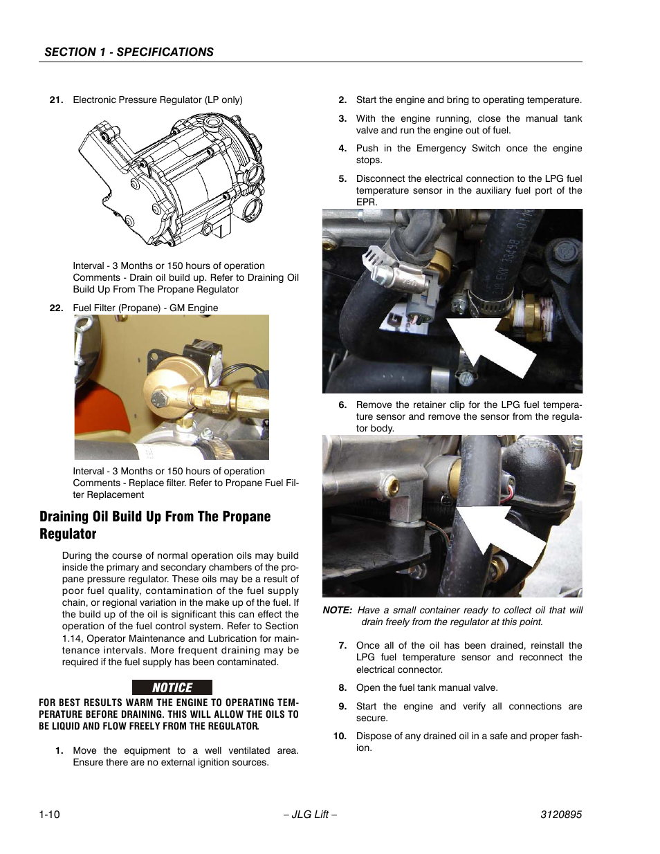 Draining oil build up from the propane regulator | JLG 460SJ Service Manual User Manual | Page 30 / 462