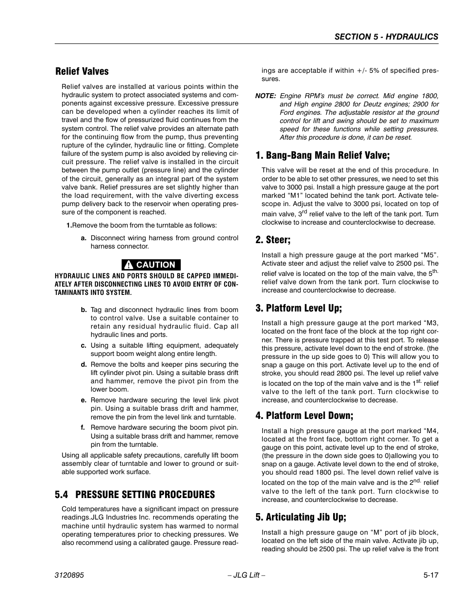 Relief valves, 4 pressure setting procedures, Bang-bang main relief valve | Steer, Platform level up, Platform level down, Articulating jib up, Relief valves -17, Pressure setting procedures -17 | JLG 460SJ Service Manual User Manual | Page 305 / 462