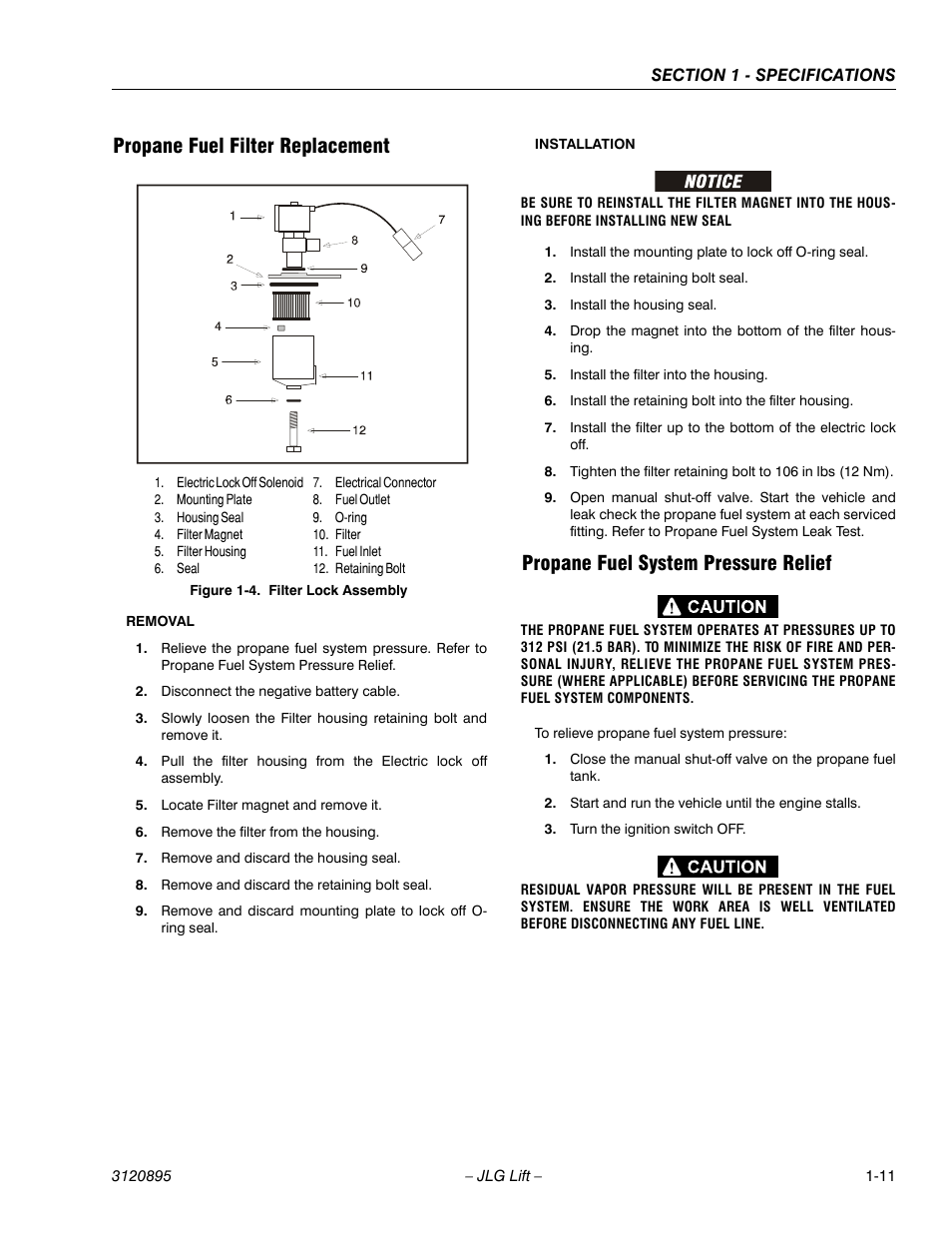 Propane fuel filter replacement, Propane fuel system pressure relief, Filter lock assembly -11 | JLG 460SJ Service Manual User Manual | Page 31 / 462