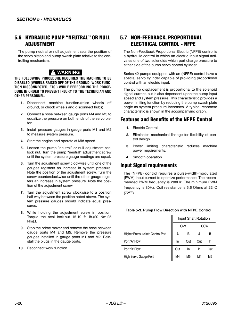 6 hydraulic pump “neutral” or null adjustment, Features and benefits of the nfpe control, Input signal requirements | Hydraulic pump “neutral” or null adjustment -26, Pump flow direction with nfpe control -26 | JLG 460SJ Service Manual User Manual | Page 314 / 462