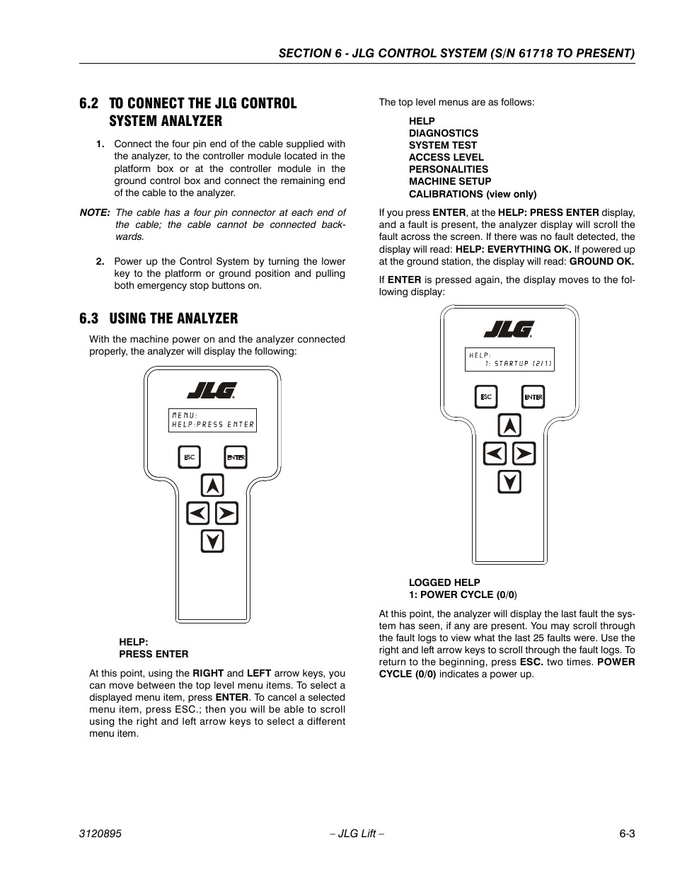 2 to connect the jlg control system analyzer, 3 using the analyzer, To connect the jlg control system analyzer -3 | Using the analyzer -3 | JLG 460SJ Service Manual User Manual | Page 319 / 462