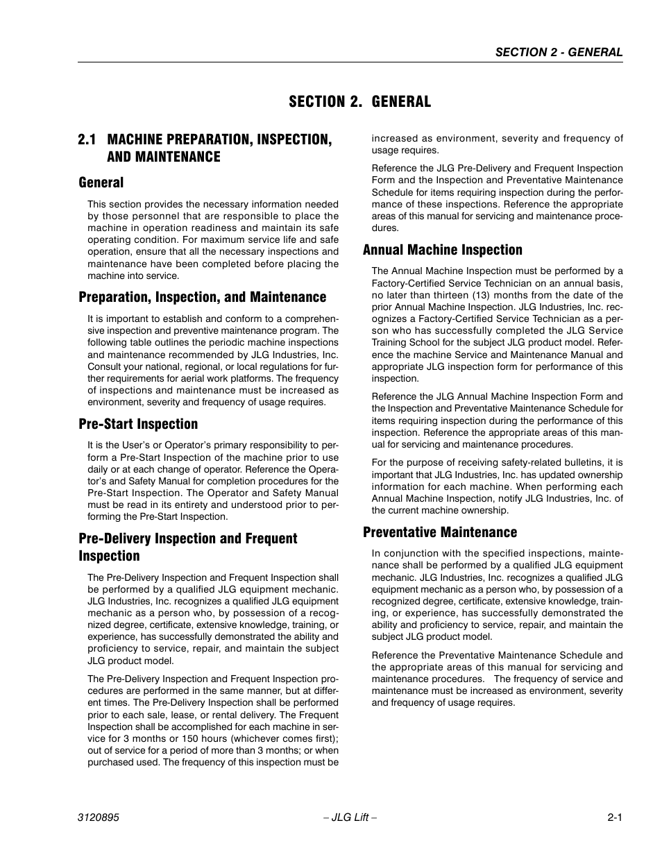 Section 2. general, 1 machine preparation, inspection, and maintenance, General | Preparation, inspection, and maintenance, Pre-start inspection, Pre-delivery inspection and frequent inspection, Annual machine inspection, Preventative maintenance, Section 2 - general | JLG 460SJ Service Manual User Manual | Page 39 / 462