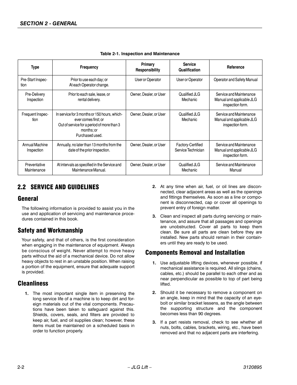 2 service and guidelines, General, Safety and workmanship | Cleanliness, Components removal and installation, Service and guidelines -2, Inspection and maintenance -2, 2 service and guidelines general | JLG 460SJ Service Manual User Manual | Page 40 / 462
