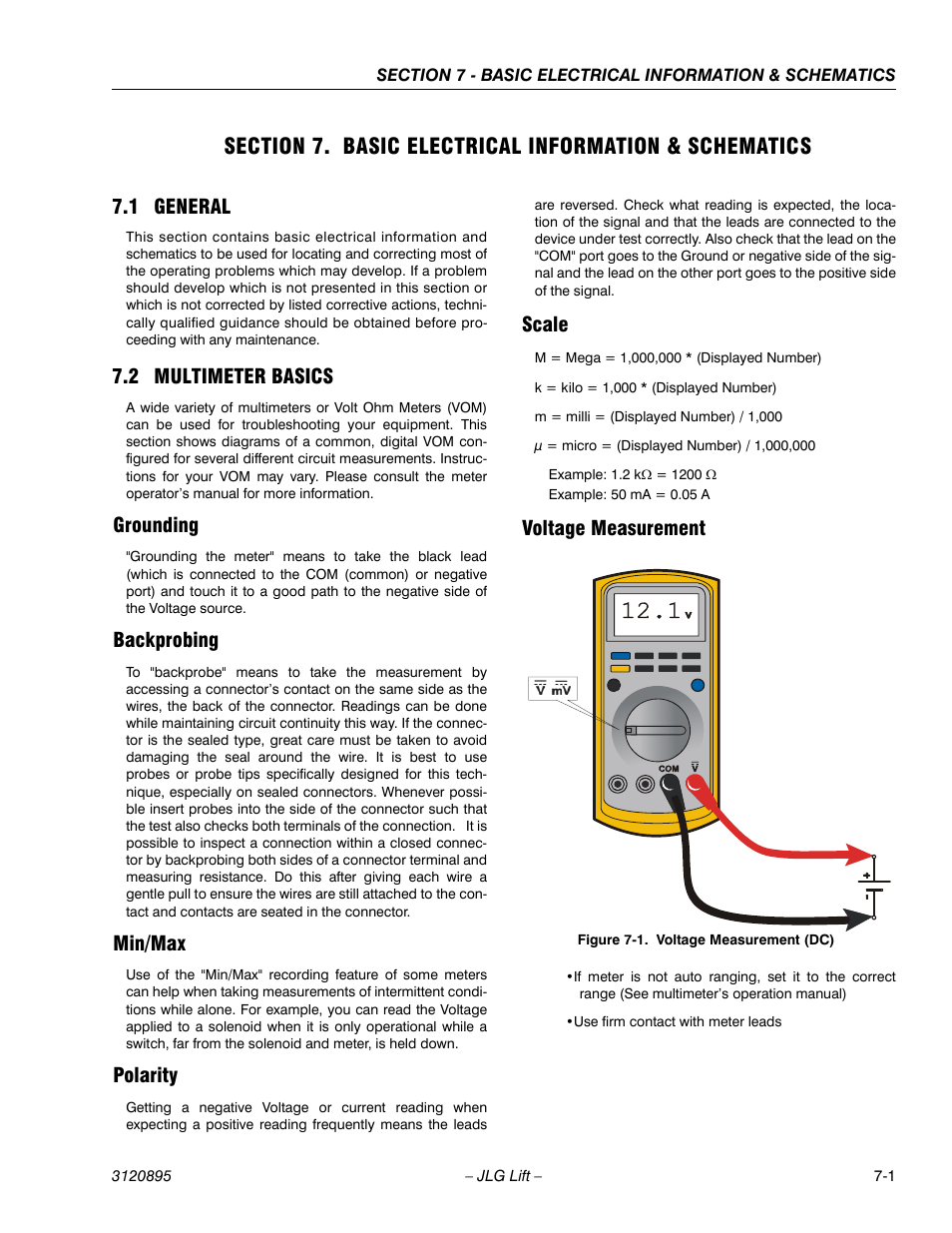 1 general, 2 multimeter basics, Grounding | Backprobing, Min/max, Polarity, Scale, Voltage measurement, General -1, Multimeter basics -1 | JLG 460SJ Service Manual User Manual | Page 403 / 462