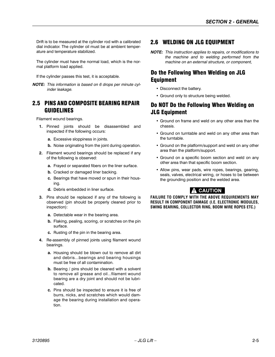 5 pins and composite bearing repair guidelines, 6 welding on jlg equipment, Do the following when welding on jlg equipment | Pins and composite bearing repair guidelines -5, Welding on jlg equipment -5 | JLG 460SJ Service Manual User Manual | Page 43 / 462