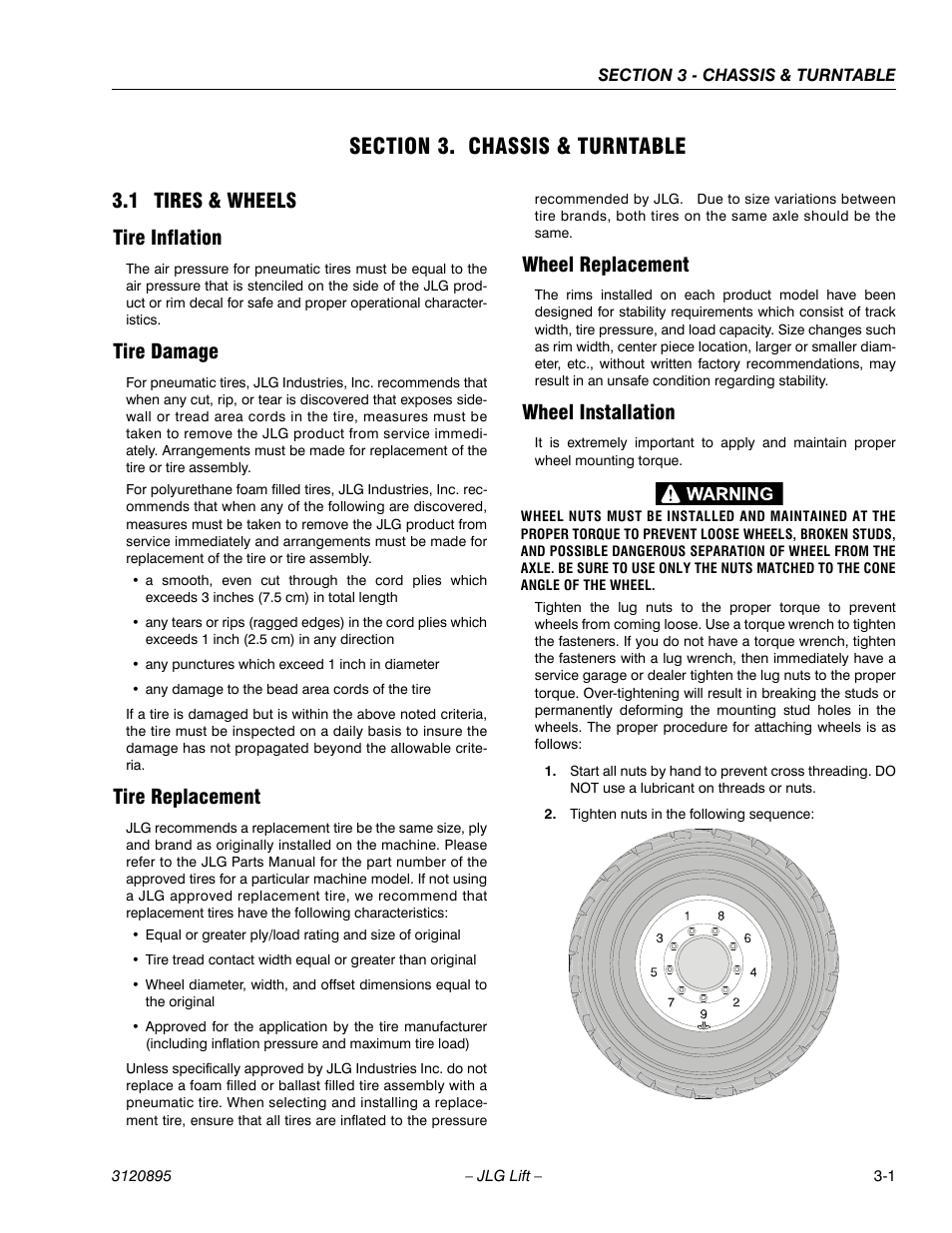 Section 3. chassis & turntable, 1 tires & wheels, Tire inflation | Tire damage, Tire replacement, Wheel replacement, Wheel installation, Section 3 - chassis & turntable, Tires & wheels -1, 1 tires & wheels tire inflation | JLG 460SJ Service Manual User Manual | Page 53 / 462
