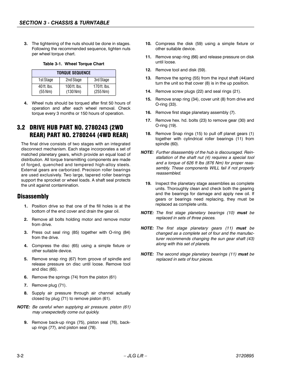 Disassembly, Disassembly -2, Wheel torque chart -2 | JLG 460SJ Service Manual User Manual | Page 54 / 462