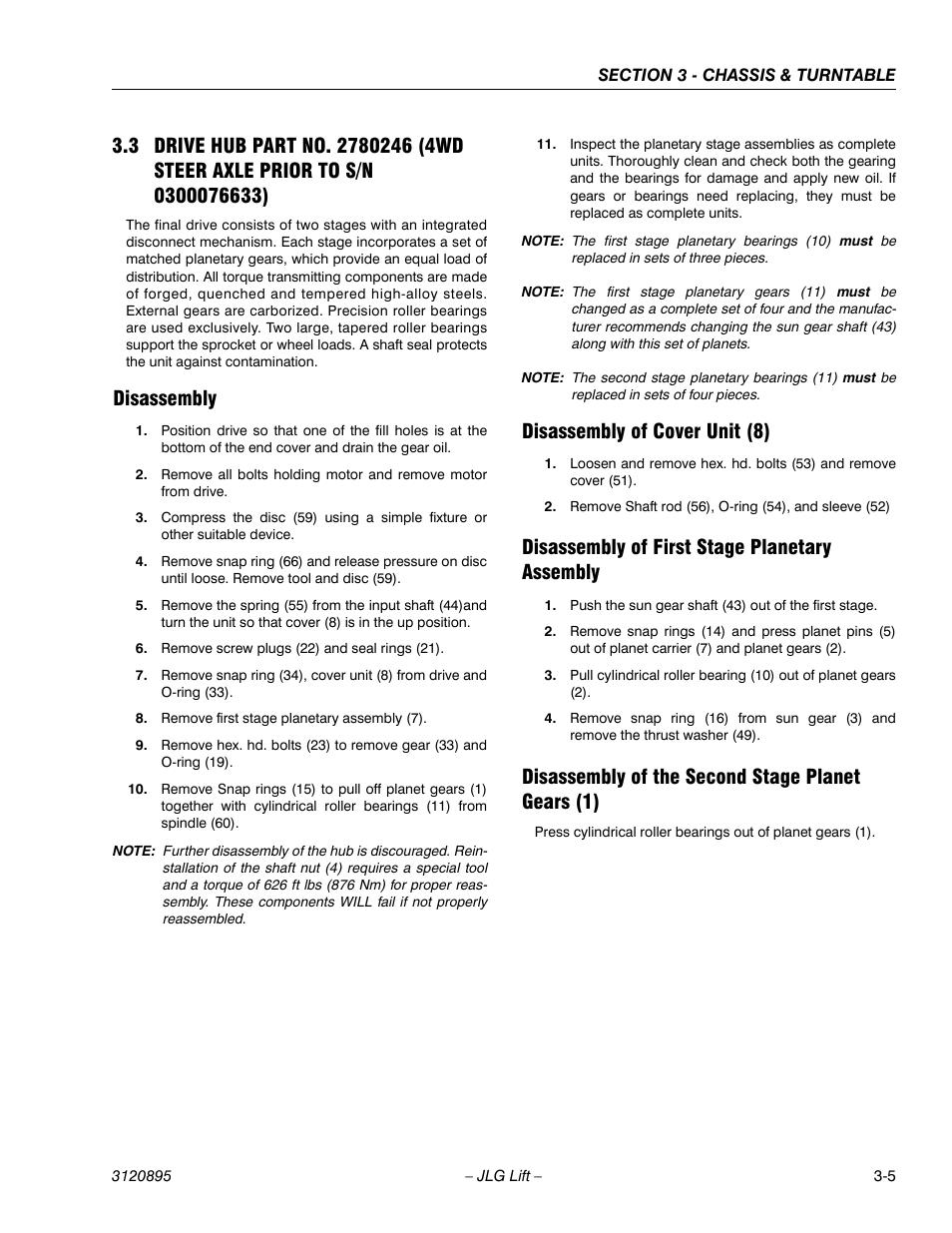 Disassembly, Disassembly of cover unit (8), Disassembly of first stage planetary assembly | Disassembly of the second stage planet gears (1) | JLG 460SJ Service Manual User Manual | Page 57 / 462
