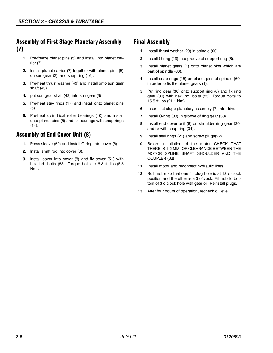 Assembly of first stage planetary assembly (7), Assembly of end cover unit (8), Final assembly | Assembly of first stage planetary, Assembly (7) | JLG 460SJ Service Manual User Manual | Page 58 / 462