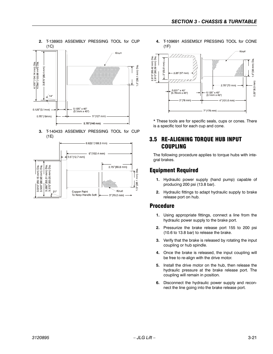 5 re-aligning torque hub input coupling, Equipment required, Procedure | Re-aligning torque hub input coupling -21, Equipment required -21 procedure -21 | JLG 460SJ Service Manual User Manual | Page 73 / 462