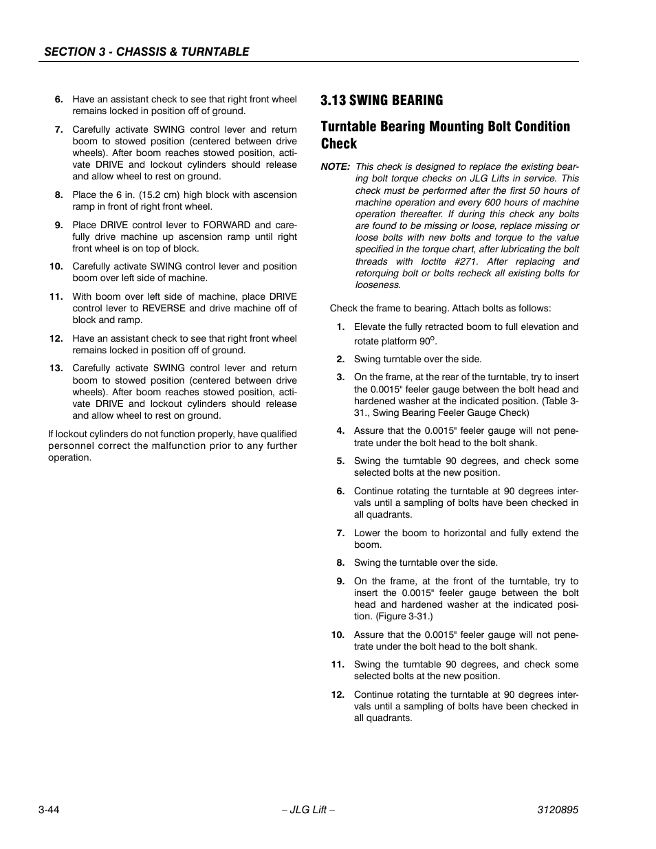 13 swing bearing, Turntable bearing mounting bolt condition check, Swing bearing -44 | JLG 460SJ Service Manual User Manual | Page 96 / 462