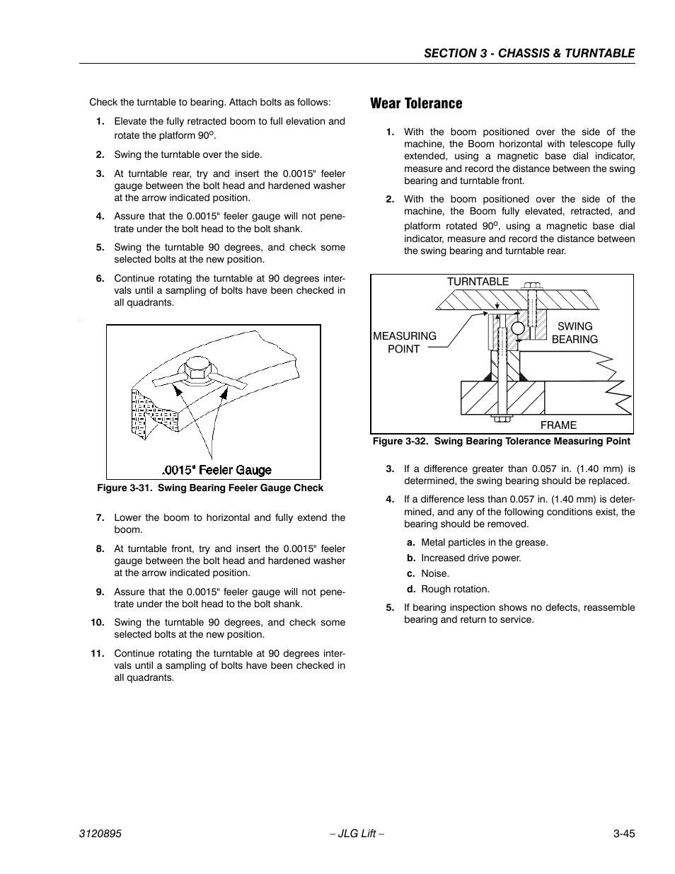 Wear tolerance, Wear tolerance -45, Swing bearing feeler gauge check -45 | Swing bearing tolerance measuring point -45 | JLG 460SJ Service Manual User Manual | Page 97 / 462