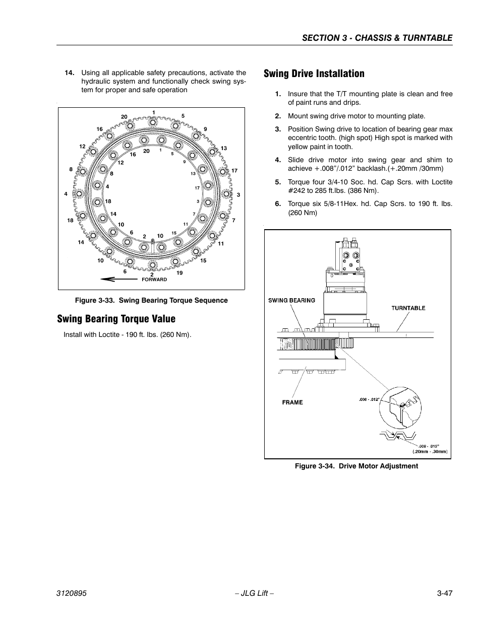 Swing bearing torque value, Swing drive installation, Swing bearing torque sequence -47 | Drive motor adjustment -47, Figure 3-33., swing bearing torque sequence, Own in figure 3, , swing bearing torque sequence tig | JLG 460SJ Service Manual User Manual | Page 99 / 462