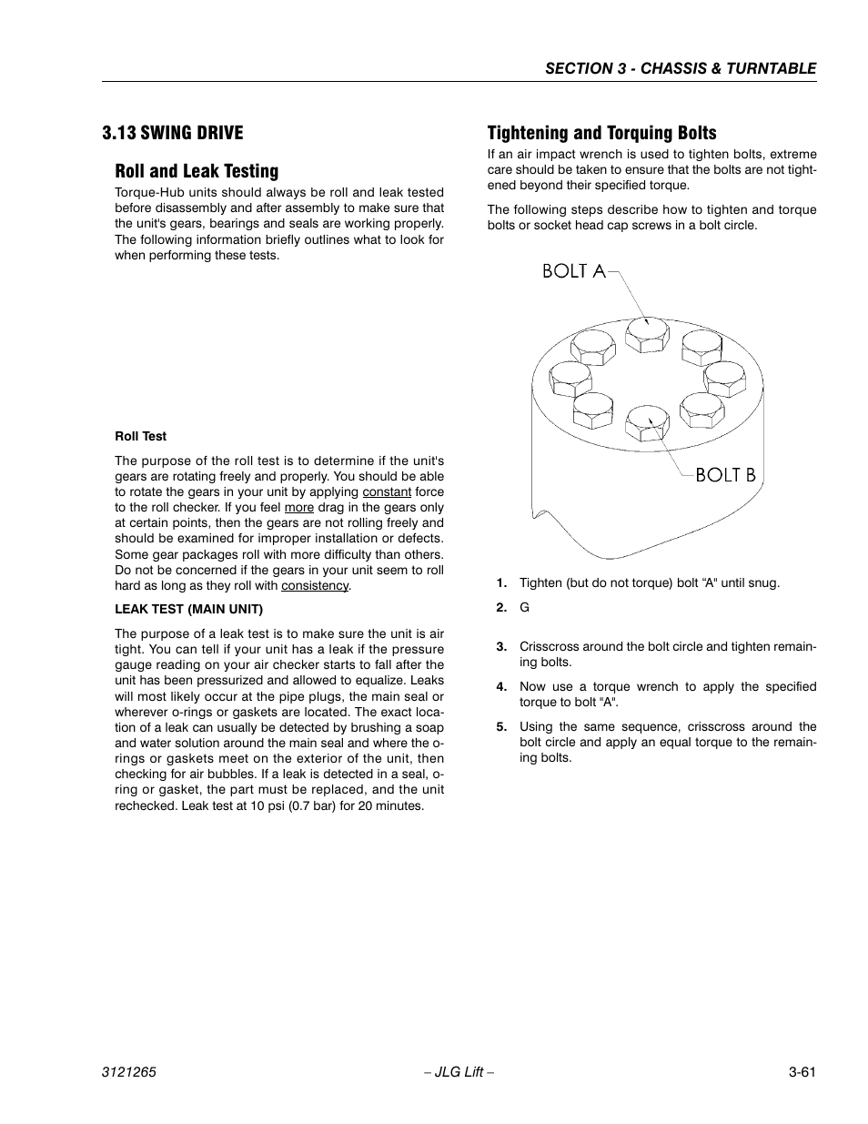 13 swing drive, Roll and leak testing, Tightening and torquing bolts | Swing drive -61, 13 swing drive roll and leak testing | JLG 1100SB Service Manual User Manual | Page 103 / 444