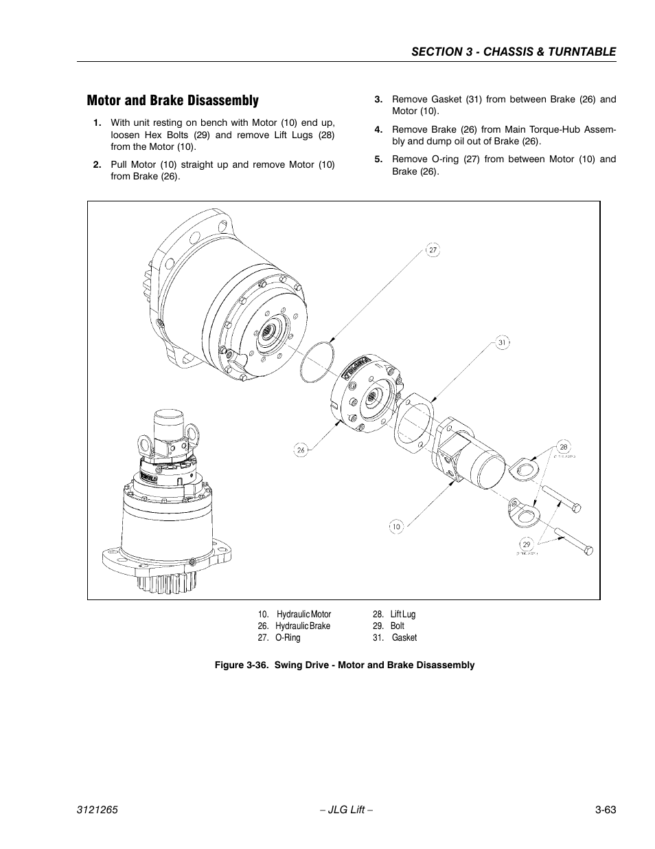 Motor and brake disassembly, Motor and brake disassembly -63, Swing drive - motor and brake disassembly -63 | JLG 1100SB Service Manual User Manual | Page 105 / 444