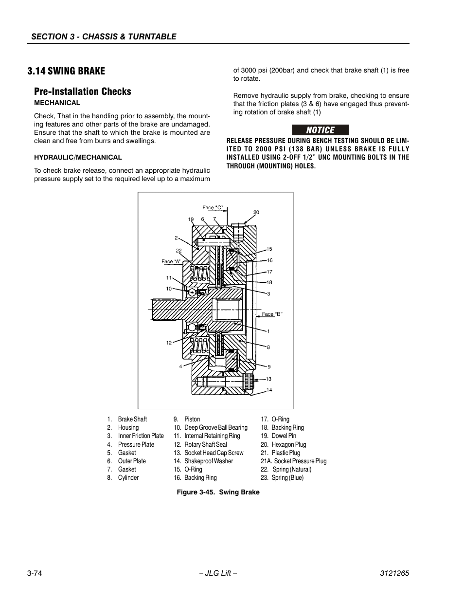 14 swing brake, Pre-installation checks, Swing brake -74 | Pre-installation checks -74, 14 swing brake pre-installation checks | JLG 1100SB Service Manual User Manual | Page 116 / 444