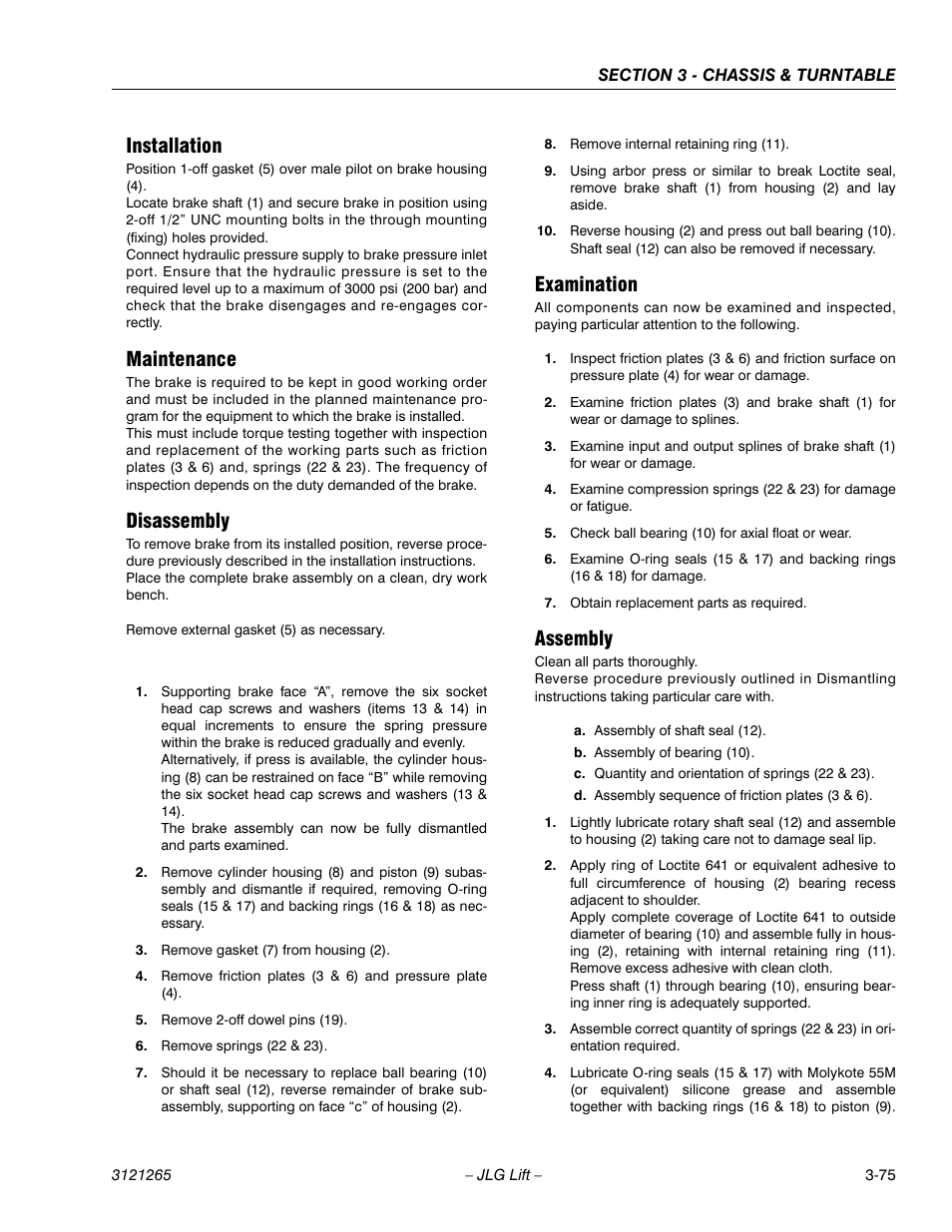 Installation, Maintenance, Disassembly | Examination, Assembly | JLG 1100SB Service Manual User Manual | Page 117 / 444