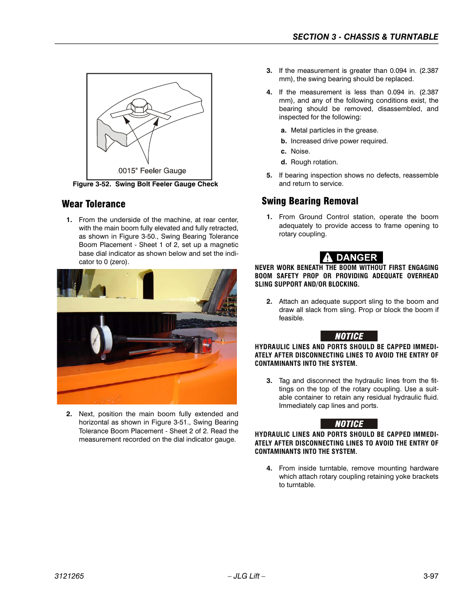 Wear tolerance, Swing bearing removal, Wear tolerance -97 swing bearing removal -97 | Swing bolt feeler gauge check -97, Ted on figure 3-52 | JLG 1100SB Service Manual User Manual | Page 139 / 444