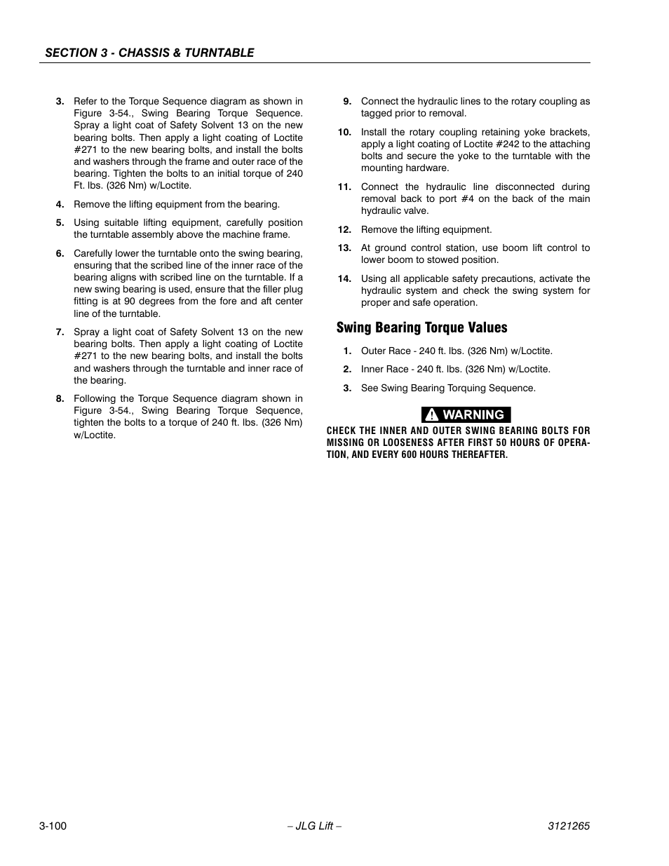 Swing bearing torque values, Swing bearing torque values -100 | JLG 1100SB Service Manual User Manual | Page 142 / 444