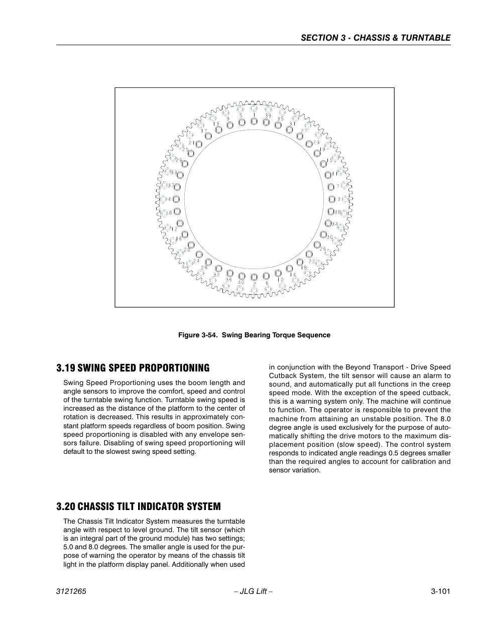19 swing speed proportioning, 20 chassis tilt indicator system, Swing speed proportioning -101 | Chassis tilt indicator system -101, Swing bearing torque sequence -101 | JLG 1100SB Service Manual User Manual | Page 143 / 444
