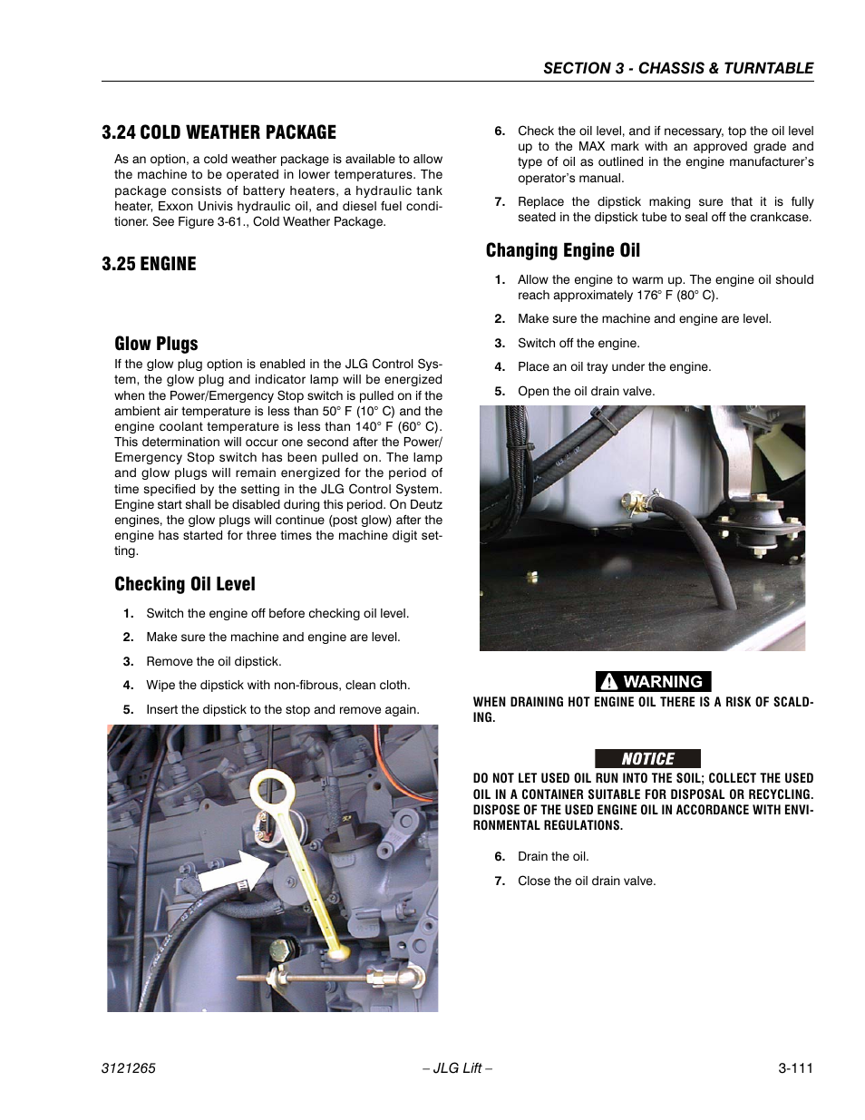 24 cold weather package, 25 engine, Glow plugs | Checking oil level, Changing engine oil, Cold weather package -111, Engine -111 | JLG 1100SB Service Manual User Manual | Page 153 / 444