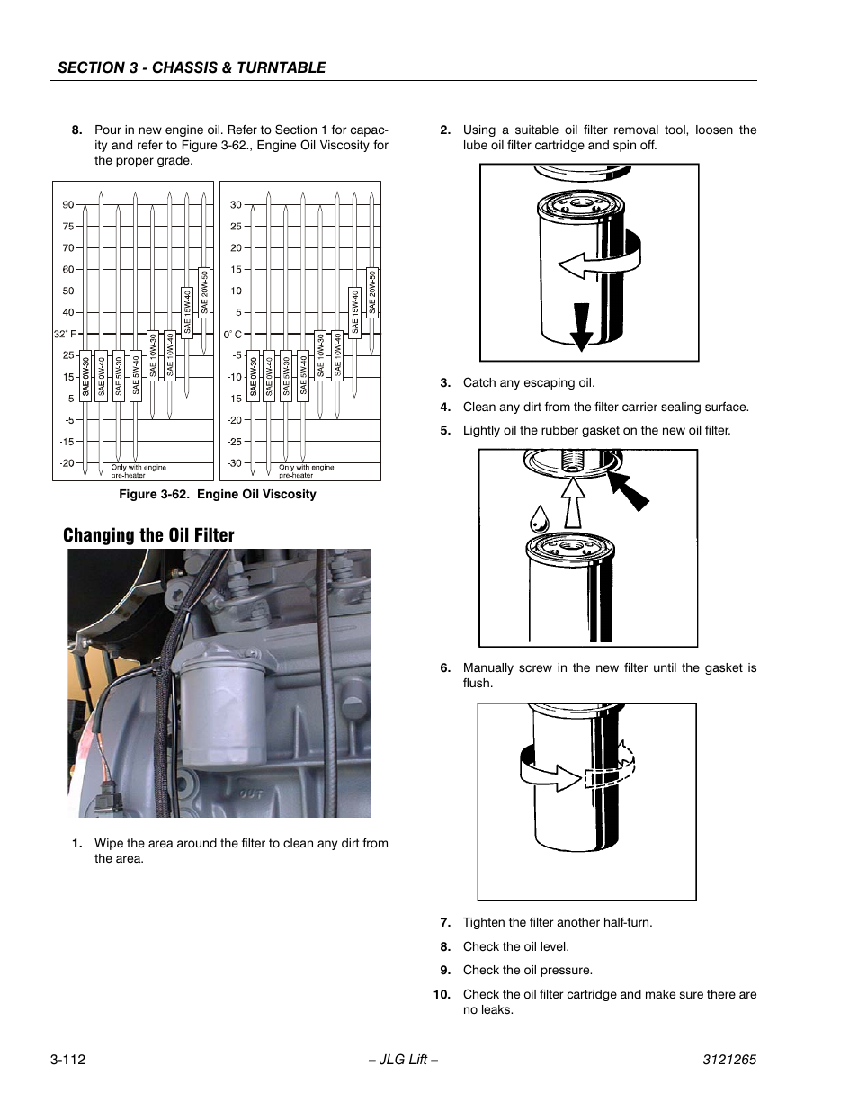 Changing the oil filter, Changing the oil filter -112, Engine oil viscosity -112 | JLG 1100SB Service Manual User Manual | Page 154 / 444