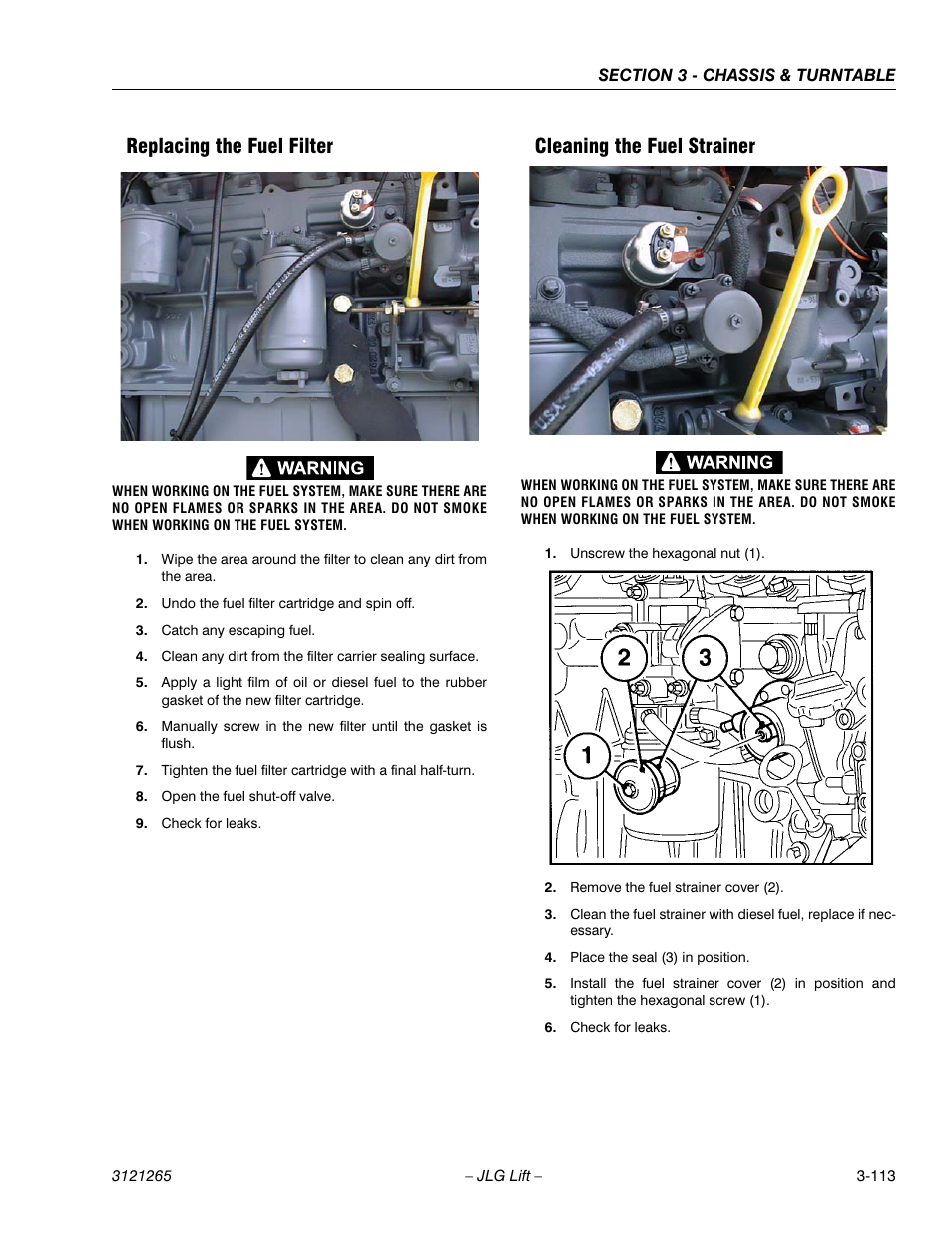 Replacing the fuel filter, Cleaning the fuel strainer | JLG 1100SB Service Manual User Manual | Page 155 / 444