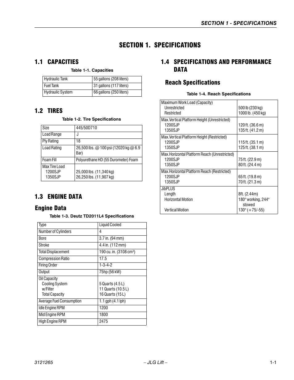 Section 1. specifications, 1 capacities, 2 tires | 3 engine data, Engine data, 4 specifications and performance data, Reach specifications, Section 1 - specifications, Capacities -1, Tires -1 | JLG 1100SB Service Manual User Manual | Page 17 / 444