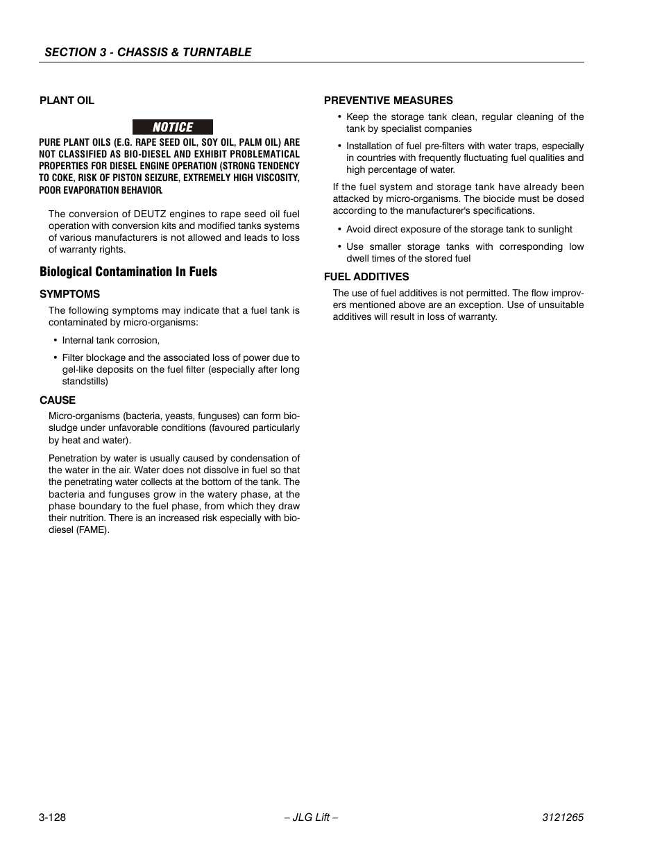 Biological contamination in fuels, Biological contamination in fuels -128 | JLG 1100SB Service Manual User Manual | Page 170 / 444