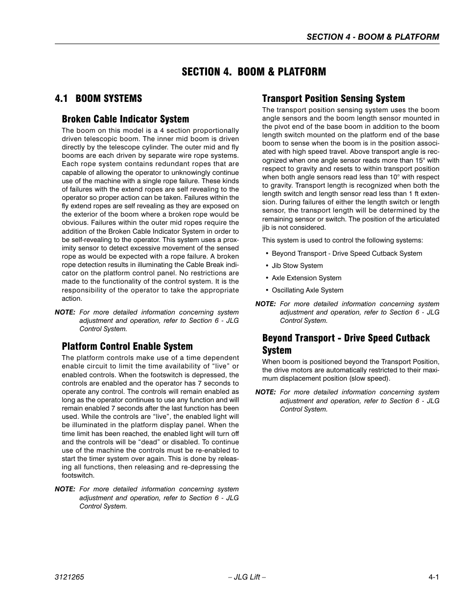 Section 4. boom & platform, 1 boom systems, Broken cable indicator system | Platform control enable system, Transport position sensing system, Beyond transport - drive speed cutback system, Section 4 - boom & platform, Boom systems -1, 1 boom systems broken cable indicator system | JLG 1100SB Service Manual User Manual | Page 171 / 444