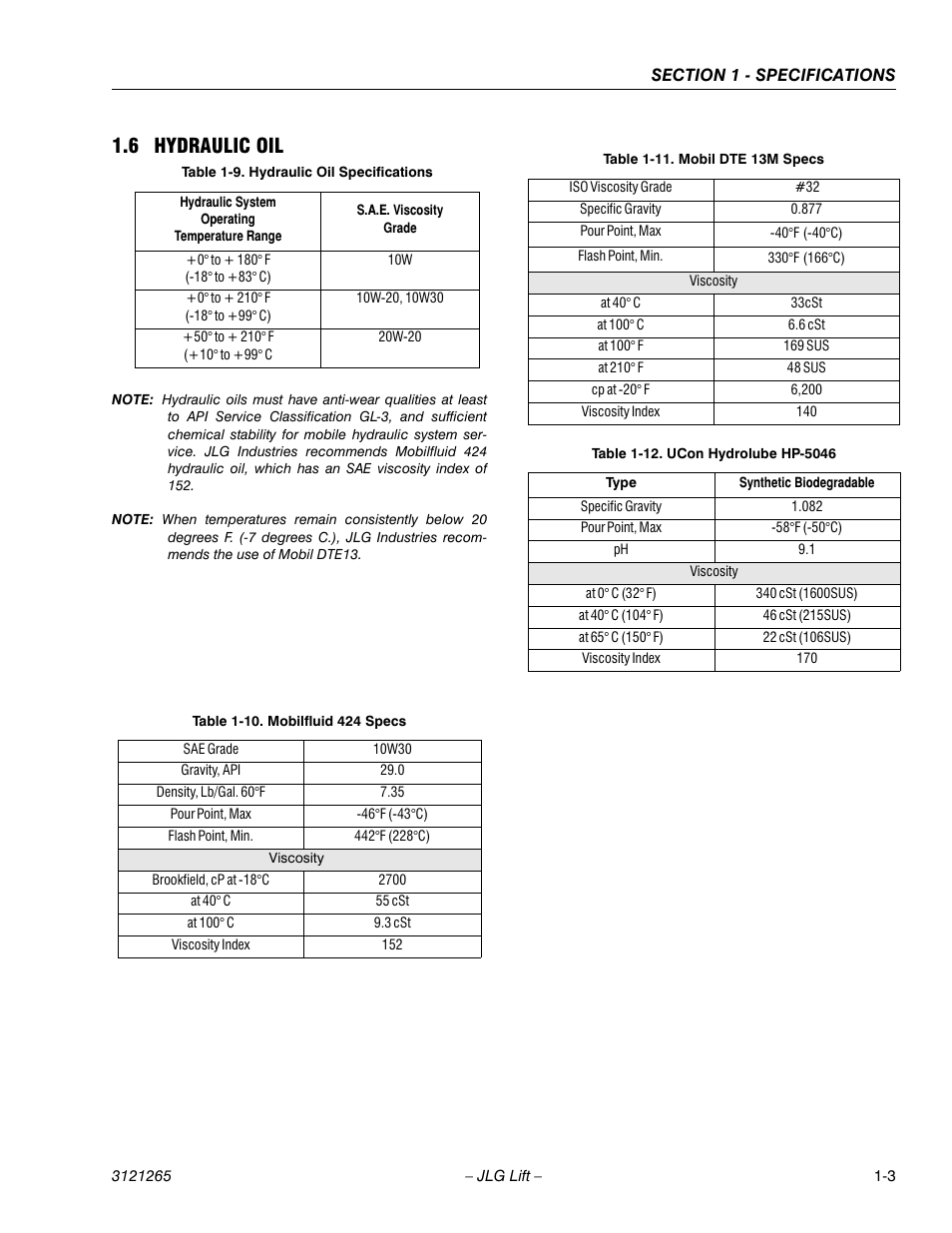 6 hydraulic oil, Hydraulic oil -3, Hydraulic oil specifications -3 | Mobilfluid 424 specs -3, Mobil dte 13m specs -3, Ucon hydrolube hp-5046 -3 | JLG 1100SB Service Manual User Manual | Page 19 / 444