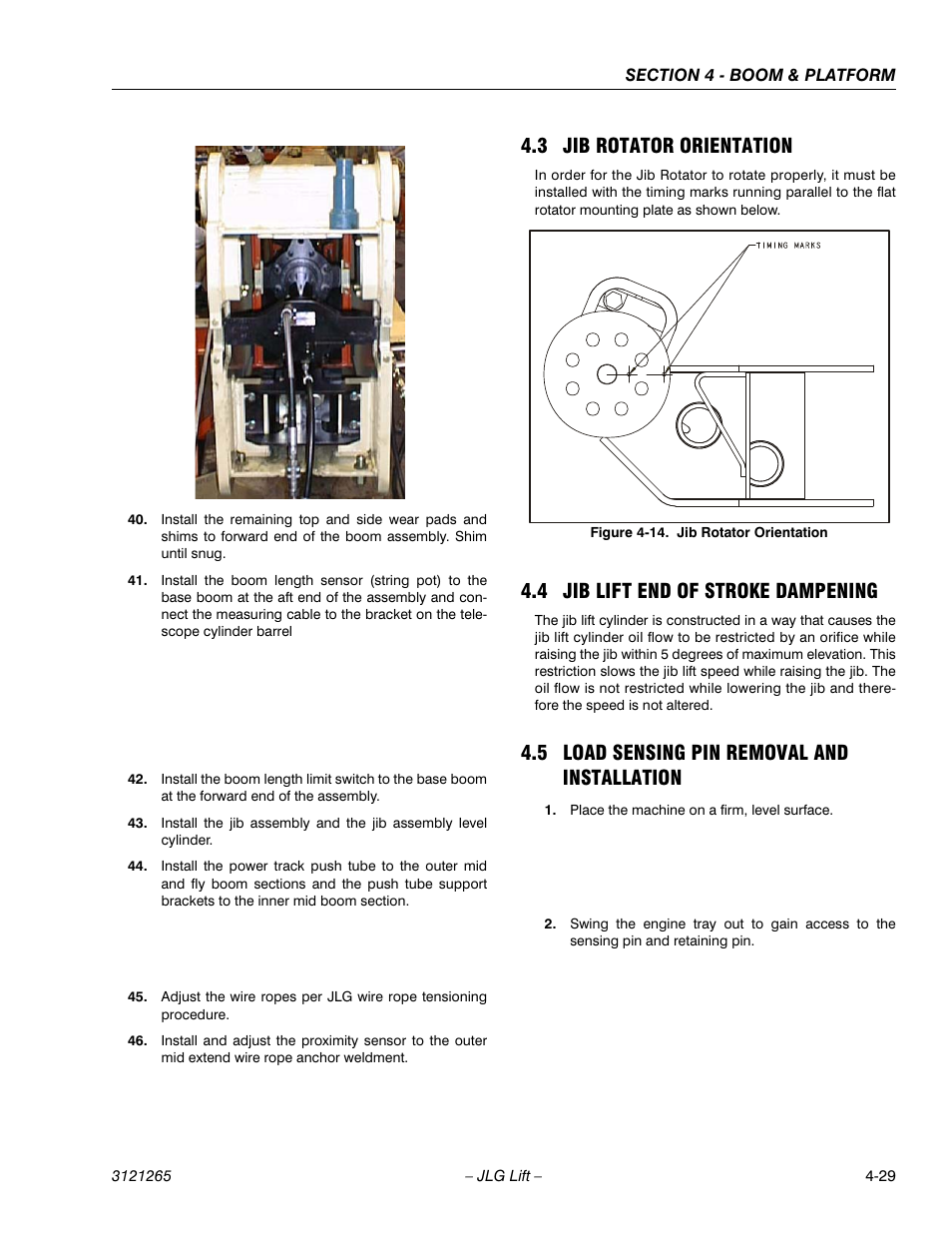 3 jib rotator orientation, 4 jib lift end of stroke dampening, 5 load sensing pin removal and installation | Jib rotator orientation -29, Jib lift end of stroke dampening -29, Load sensing pin removal and installation -29 | JLG 1100SB Service Manual User Manual | Page 199 / 444