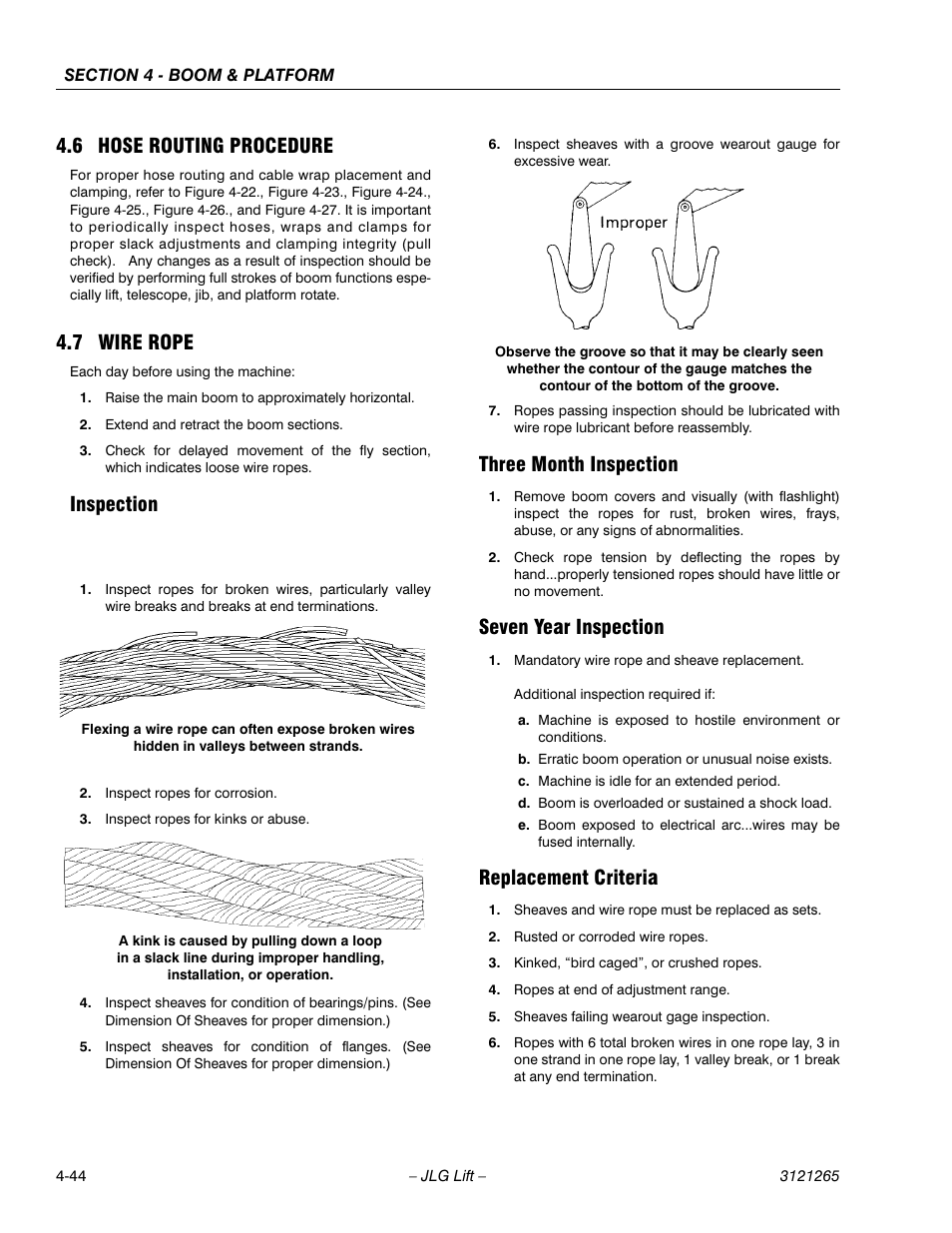 6 hose routing procedure, 7 wire rope, Inspection | Three month inspection, Seven year inspection, Replacement criteria, Hose routing procedure -44, Wire rope -44 | JLG 1100SB Service Manual User Manual | Page 214 / 444