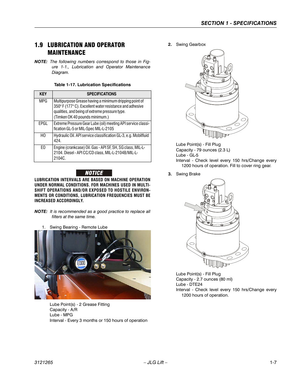 9 lubrication and operator maintenance, Lubrication and operator maintenance -7, Lubrication specifications -7 | JLG 1100SB Service Manual User Manual | Page 23 / 444