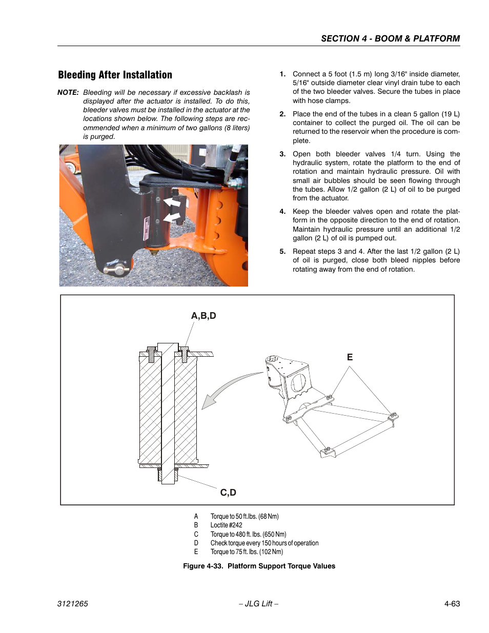 Bleeding after installation, Bleeding after installation -63, Platform support torque values -63 | JLG 1100SB Service Manual User Manual | Page 233 / 444