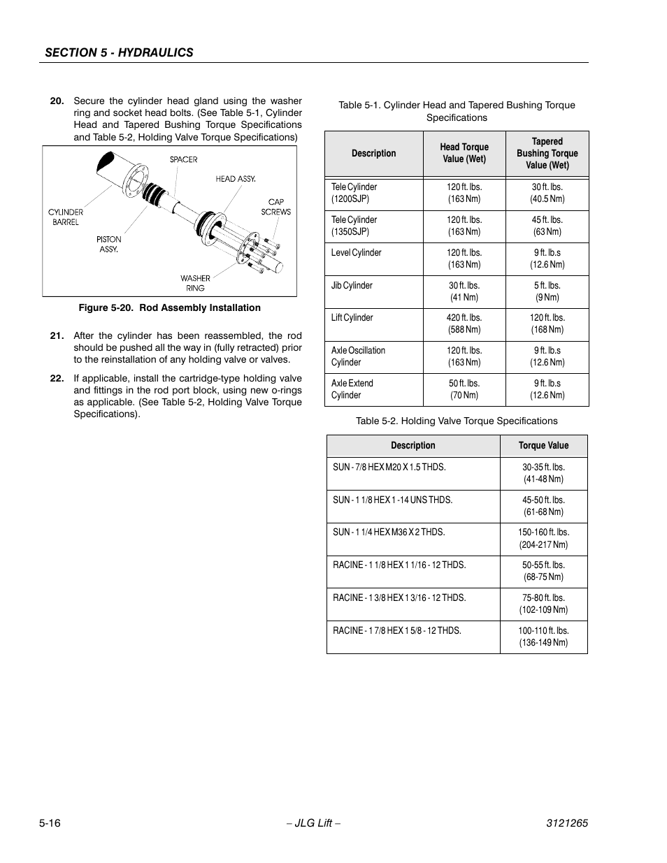 Rod assembly installation -16, Holding valve torque specifications -16, See table 5-1) | JLG 1100SB Service Manual User Manual | Page 250 / 444