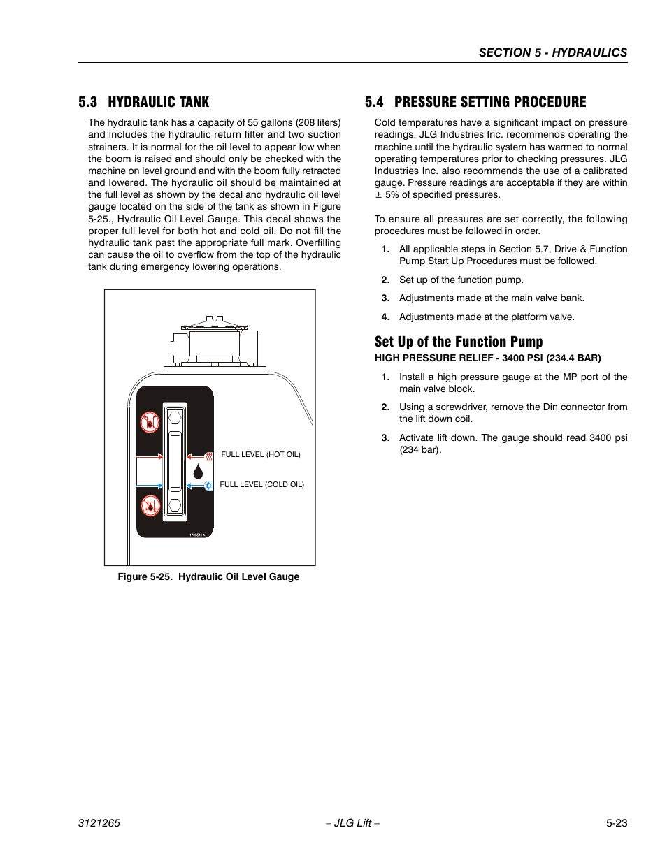 3 hydraulic tank, 4 pressure setting procedure, Set up of the function pump | Hydraulic tank -23, Pressure setting procedure -23, Set up of the function pump -23, Hydraulic oil level gauge -23 | JLG 1100SB Service Manual User Manual | Page 257 / 444