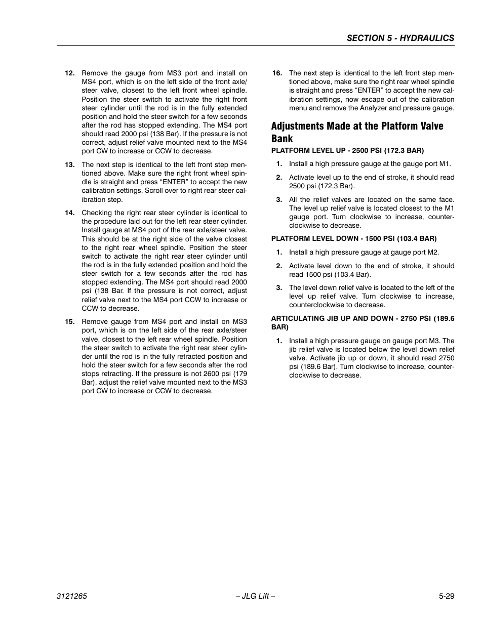 Adjustments made at the platform valve bank, Adjustments made at the platform valve bank -29 | JLG 1100SB Service Manual User Manual | Page 263 / 444