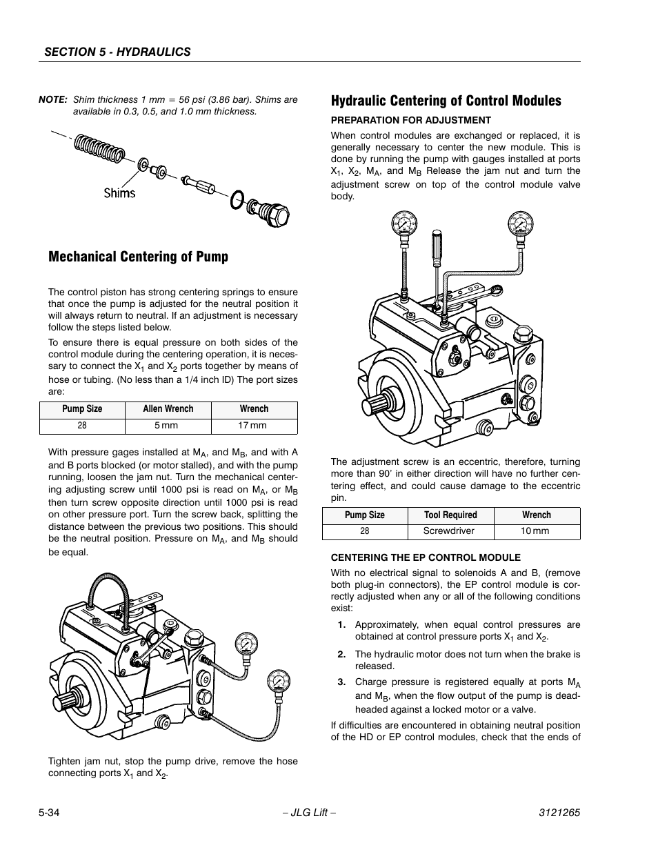 Mechanical centering of pump, Hydraulic centering of control modules | JLG 1100SB Service Manual User Manual | Page 268 / 444