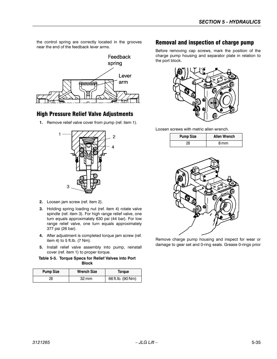 High pressure relief valve adjustments, Removal and inspection of charge pump, Torque specs for relief valves into port block -35 | JLG 1100SB Service Manual User Manual | Page 269 / 444