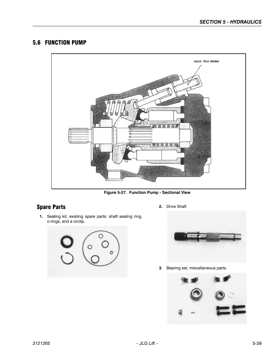 6 function pump, Spare parts, Function pump -39 | Spare parts -39, Function pump - sectional view -39, 6 function pump spare parts | JLG 1100SB Service Manual User Manual | Page 273 / 444