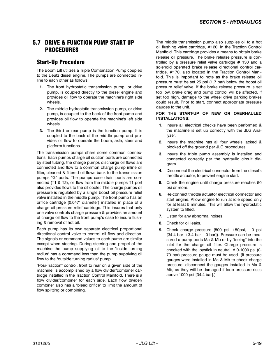 7 drive & function pump start up procedures, Start-up procedure, Drive & function pump start up procedures -49 | Start-up procedure -49 | JLG 1100SB Service Manual User Manual | Page 283 / 444