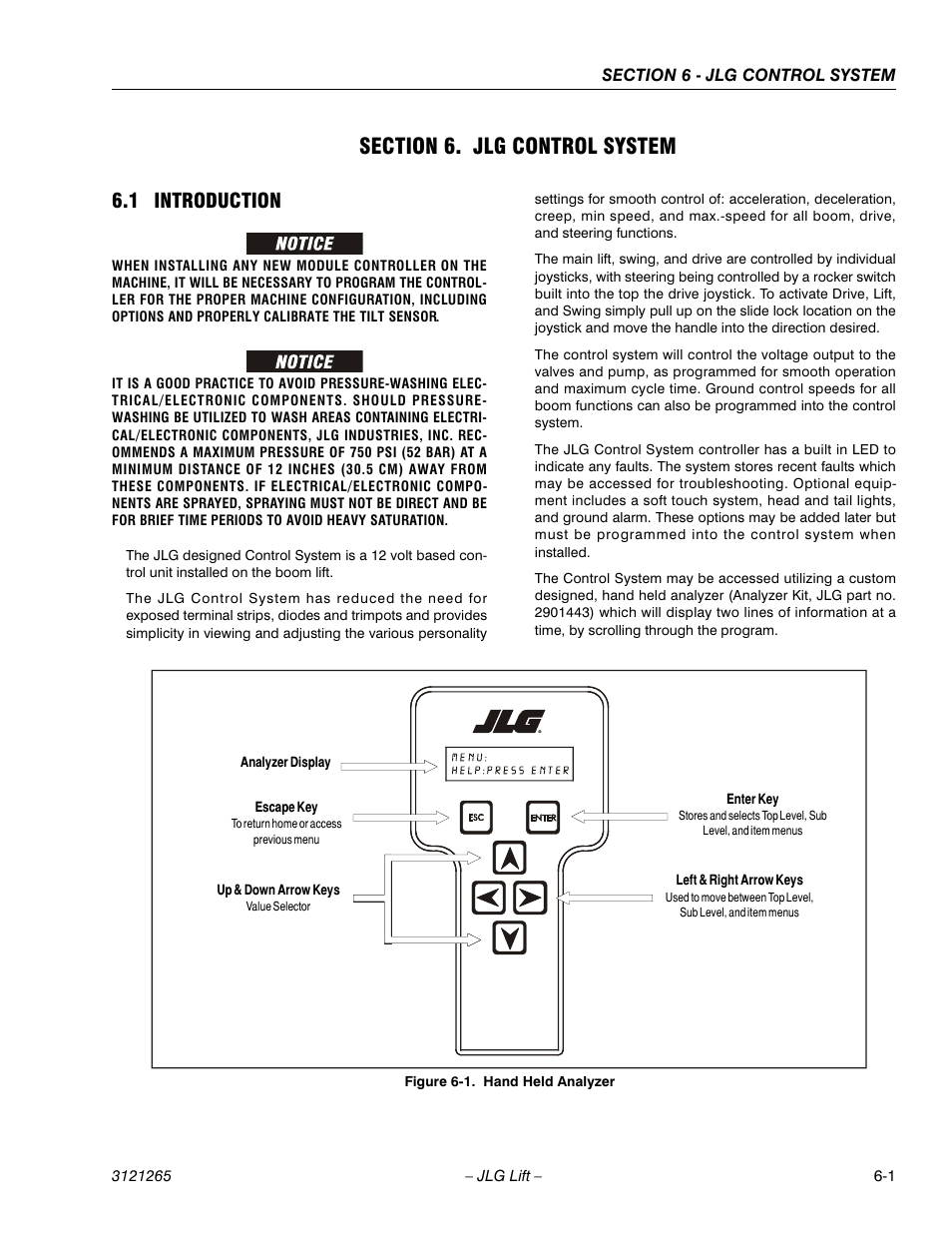 Section 6. jlg control system, 1 introduction, Section 6 - jlg control system | Introduction -1, Hand held analyzer -1 | JLG 1100SB Service Manual User Manual | Page 285 / 444