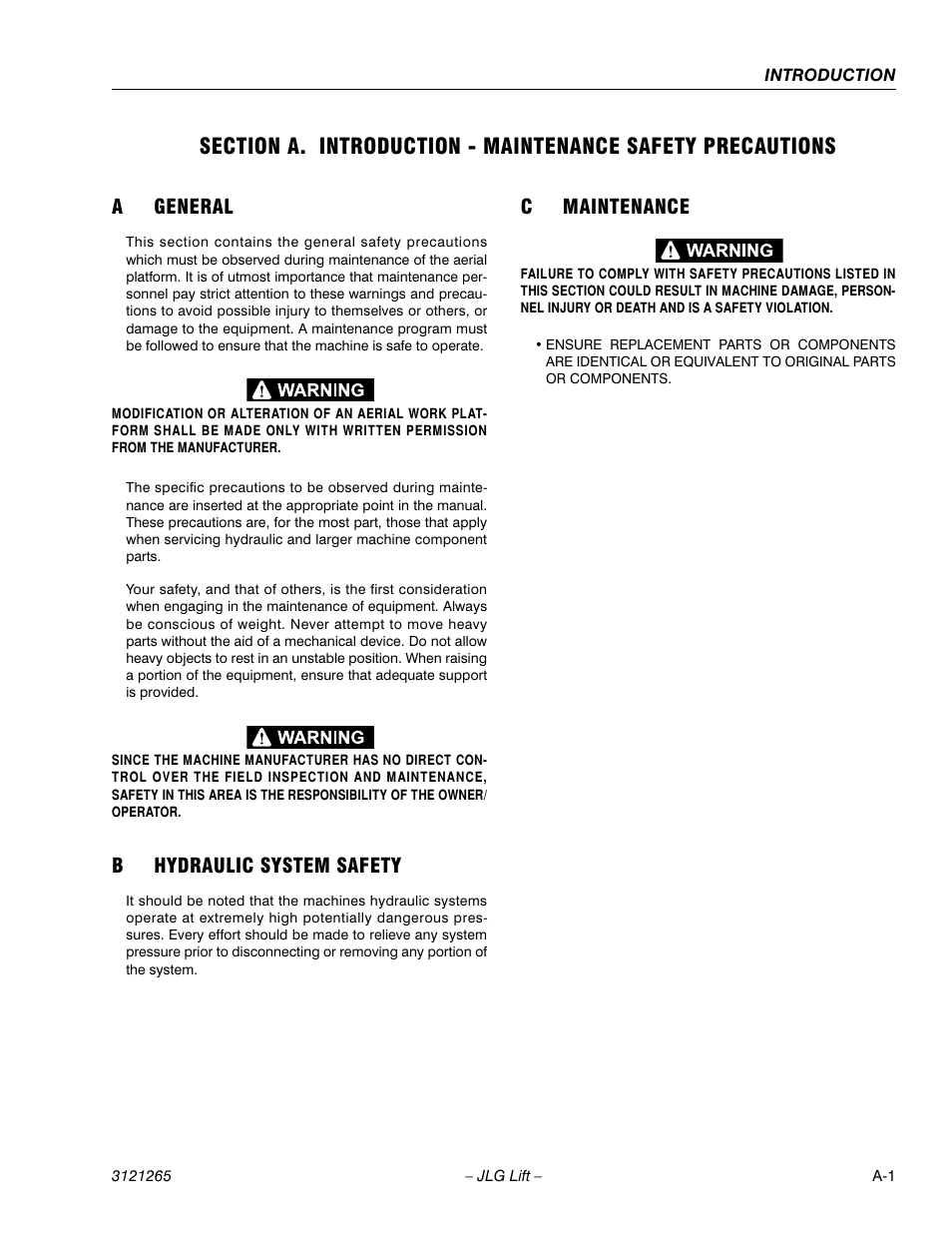 A general, B hydraulic system safety, C maintenance | Ageneral, Bhydraulic system safety, Cmaintenance | JLG 1100SB Service Manual User Manual | Page 3 / 444